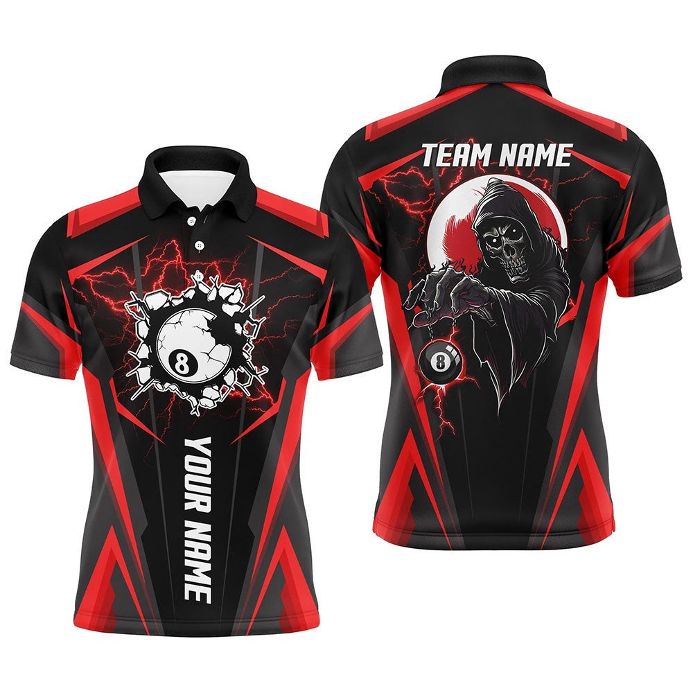 Red Billiard Grim Reaper Polo Shirts, Custom Team League Billiard Polo Shirts, Personalized Billiard Polo Shirt