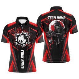 Red Billiard Grim Reaper Polo Shirts, Custom Team League Billiard Polo Shirts, Personalized Billiard Polo Shirt