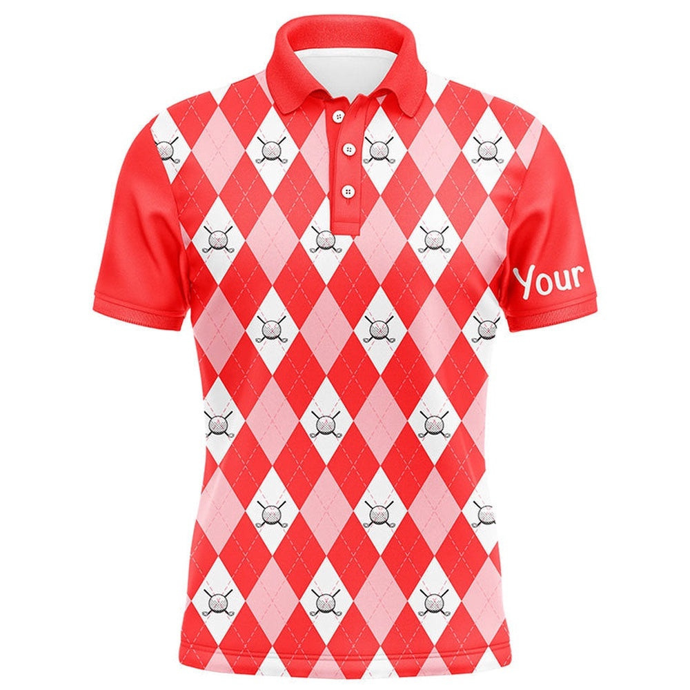 Red Argyle Plaid Pattern Men's Golf Polos Shirts Custom Golf Shirts For Men, Golf Polo Shirt, Golf Shirts