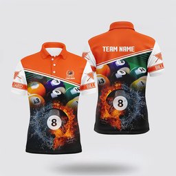 Billiard Polo Shirts, Billiard 8 Ball In Fire And Water 3D Orange Men Polo Shirts, Billiard Shirt Designs
