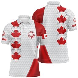 Canadian Flag Men's Golf Polo Shirt Custom Maple Leaves Patriotic White Golf Ball Skin Shirt For Men, Golf Polo Shirt, Golf Shirts