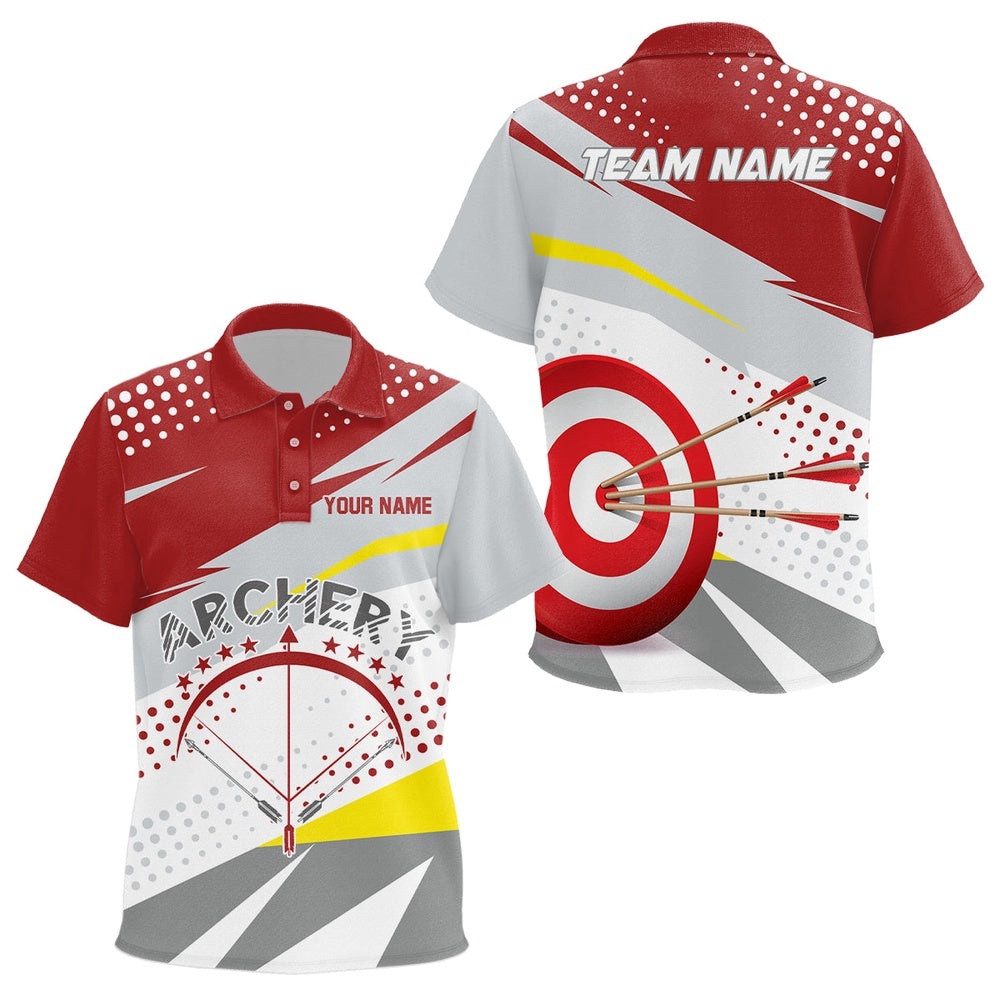 Grey Red Target Archery Polo Shirts, Custom Bow Archery Team Shirts, Custom Archery Team Polo Shirt