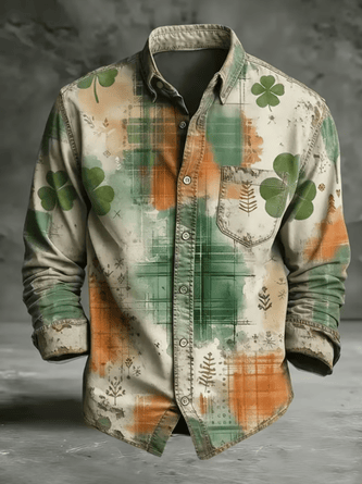 Moisture Wicking St. Patrick's Day Lucky Clover Chest Pocket Holiday Long Sleeved Shirt