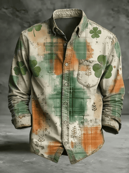Moisture Wicking St. Patrick's Day Lucky Clover Chest Pocket Holiday Long Sleeved Shirt