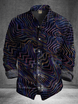 Moisture-Wicking  Abstract Gradient Lines and Chest Pocket Casual Long-Sleeve Shirt