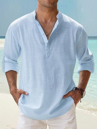 Hardaddy Cotton Linen Plain Color Casual Light Blue Regular Fit Long Sleeve Shirt Hawaiian Shirts For Men
