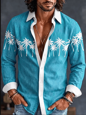 Linen-Texture Coconut Tree Print and Chest Pocket Long-Sleeve Casual Shirt