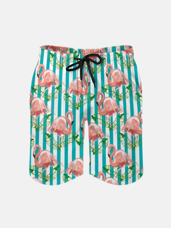 Men's Swim Trunks Hawaiian Tropical Flamingo Striped Beach Shorts with Pockets