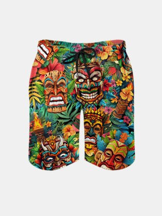 Men's Swim Trunks Hawaiian Tropical Tiki Beach Shorts with Pockets