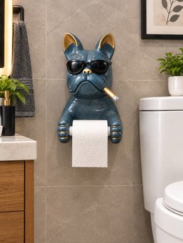 A blue French Bulldog-shaped toilet paper holder mounted on a bathroom wall, wearing black sunglasses and holding a roll of toilet paper. The modern bathroom has a neutral gray tiled wall, white fixtures, a small plant, and framed wall art.