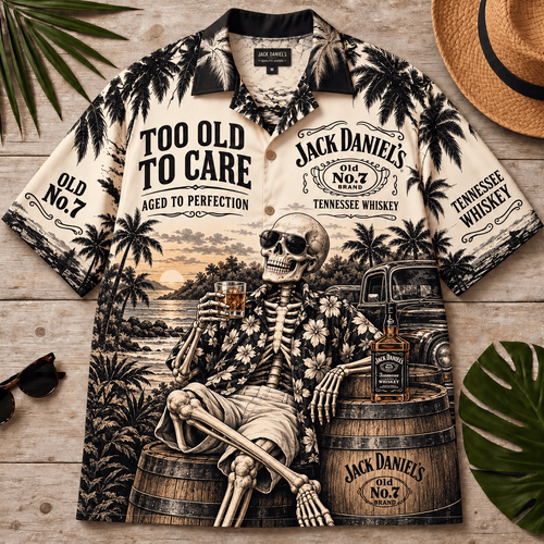 Jack Daniel’s Too Old To Care Skeleton Vintage Hawaiian Shirt