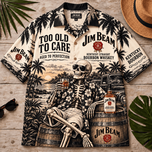 Jim Beam Too Old To Care Skeleton Vintage Hawaiian Shirt