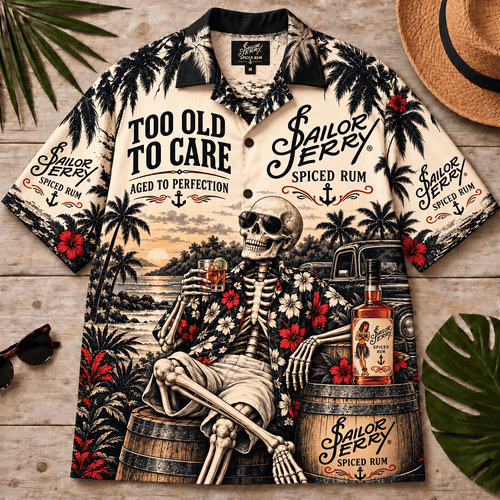 Sailor Jerry Too Old To Care Skeleton Vintage Hawaiian Shirt