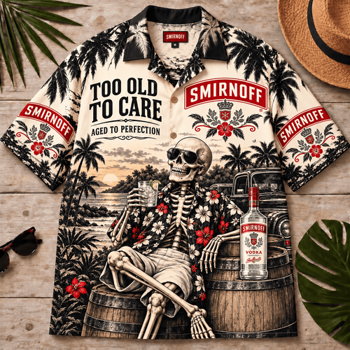 Smirnoff Too Old To Care Skeleton Vintage Hawaiian Shirt