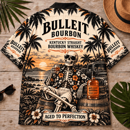 Bulleit Bourbon Too Old To Care Skeleton Vintage Hawaiian Shirt