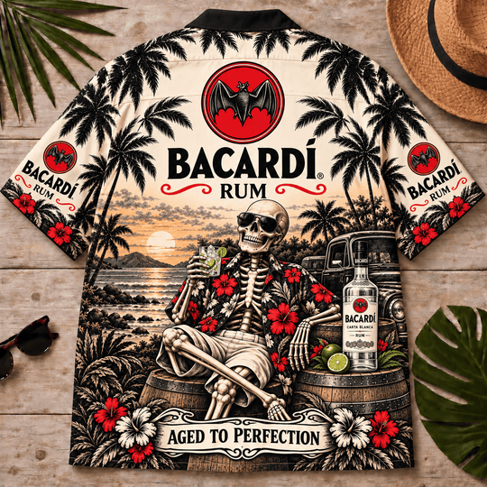 Bacardi Too Old To Care Skeleton Vintage Hawaiian Shirt