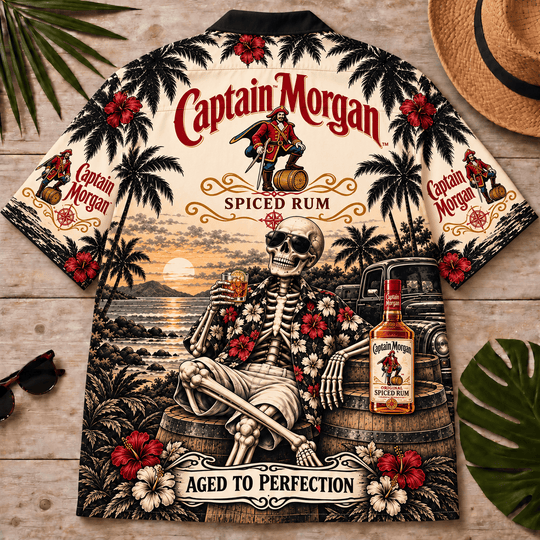 Captain Morgan Too Old To Care Skeleton Vintage Hawaiian Shirt