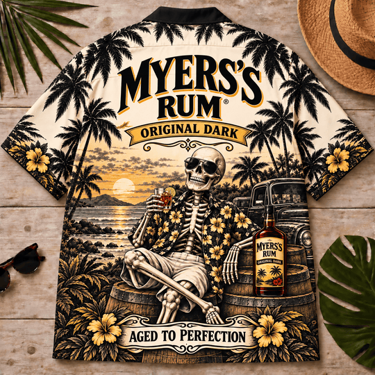 Myers’s Rum Too Old To Care Skeleton Vintage Hawaiian Shirt