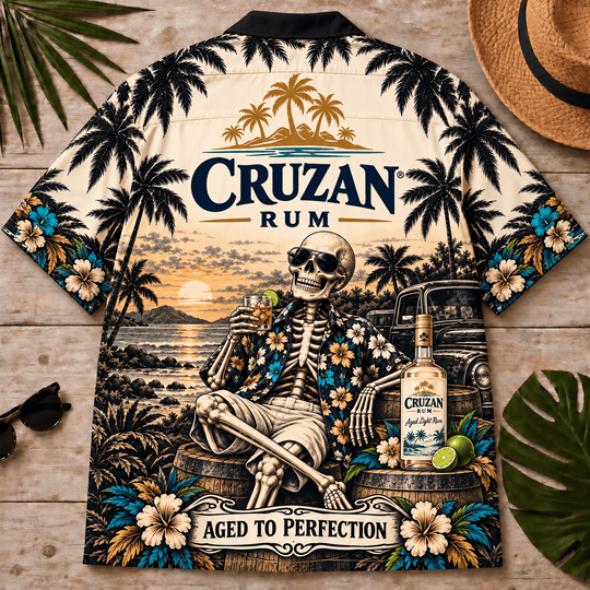 Cruzan Rum Too Old To Care Skeleton Vintage Hawaiian Shirt