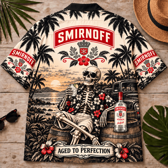 Smirnoff Too Old To Care Skeleton Vintage Hawaiian Shirt