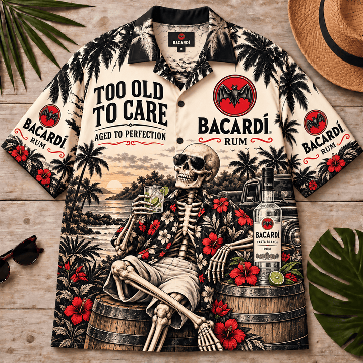 Bacardi Too Old To Care Skeleton Vintage Hawaiian Shirt