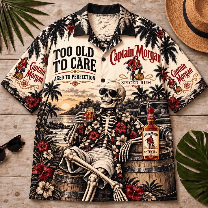 Captain Morgan Too Old To Care Skeleton Vintage Hawaiian Shirt