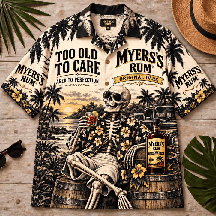 Myers’s Rum Too Old To Care Skeleton Vintage Hawaiian Shirt