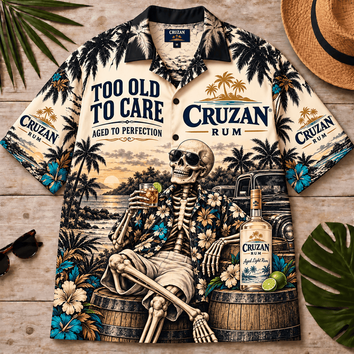 Cruzan Rum Too Old To Care Skeleton Vintage Hawaiian Shirt