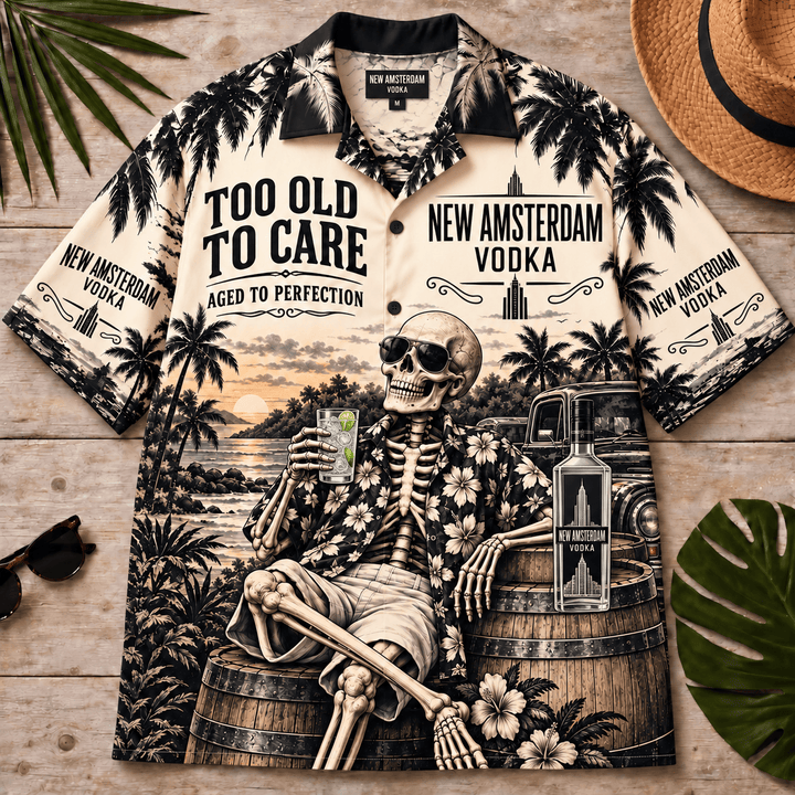 New Amsterdam Vodka Too Old To Care Skeleton Vintage Hawaiian Shirt