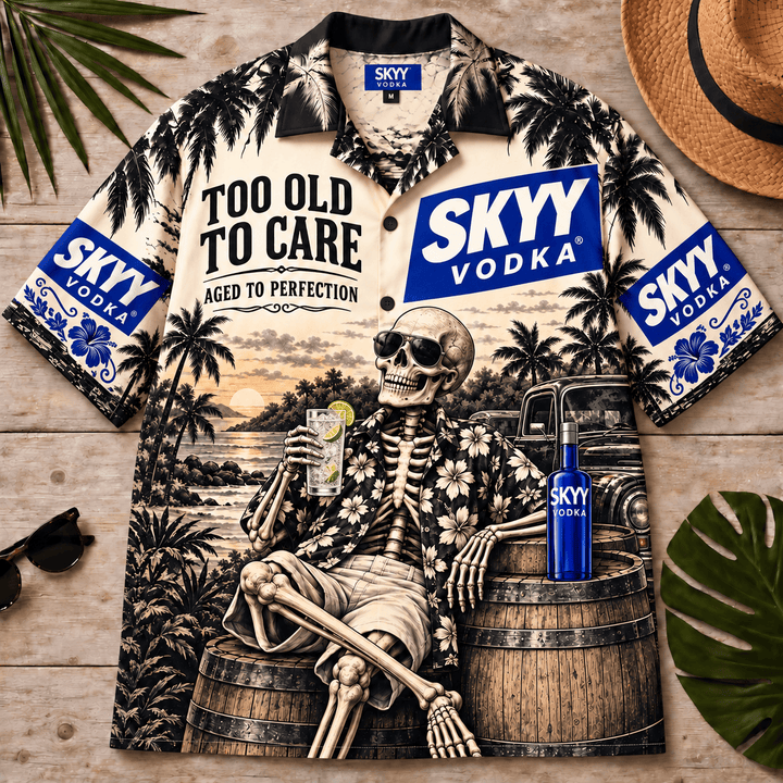 SKYY Vodka Too Old To Care Skeleton Vintage Hawaiian Shirt