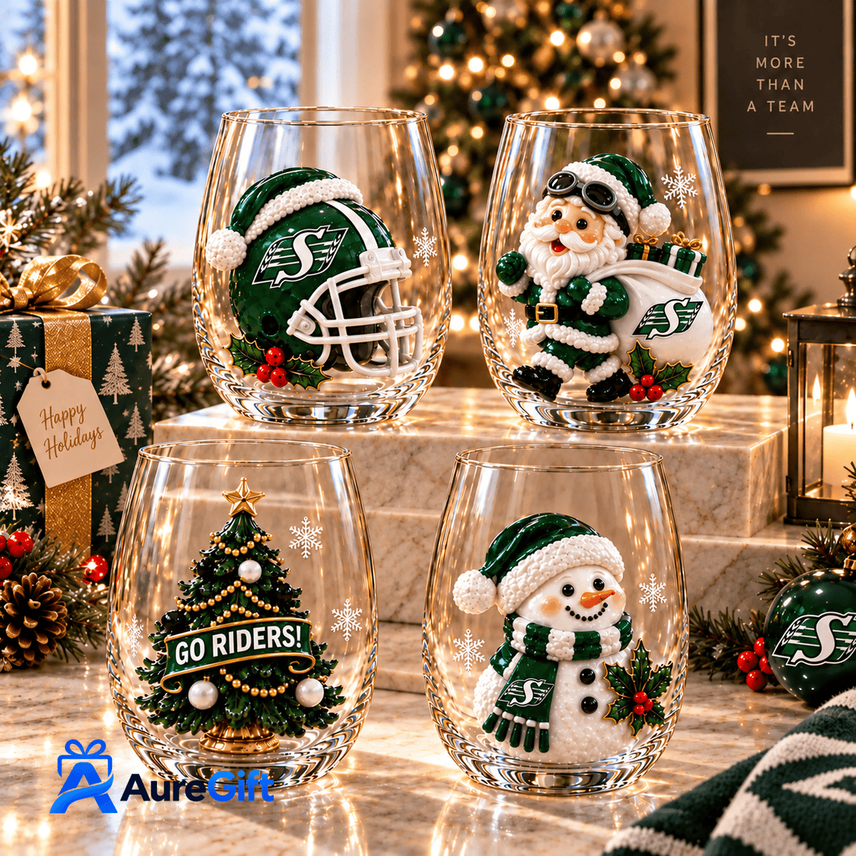 Saskatchewan Roughriders CFL Christmas Personalized Stemless Glass Set 4 – Premium Limited Edition Gift for Fans