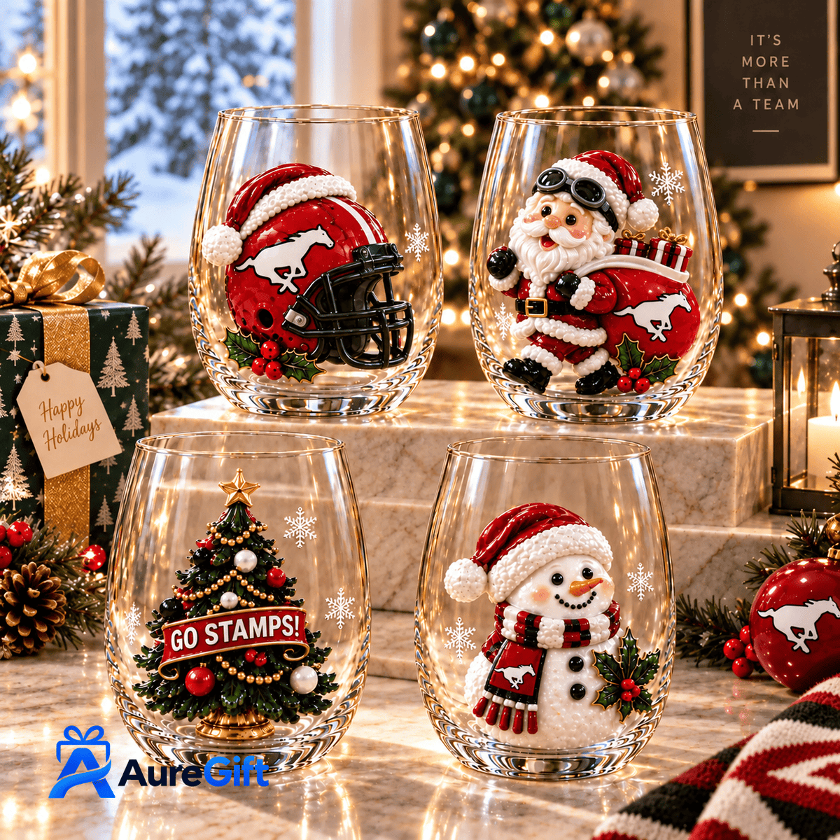 Calgary Stampeders CFL Christmas Personalized Stemless Glass Set 4 – Premium Limited Edition Gift for Fans