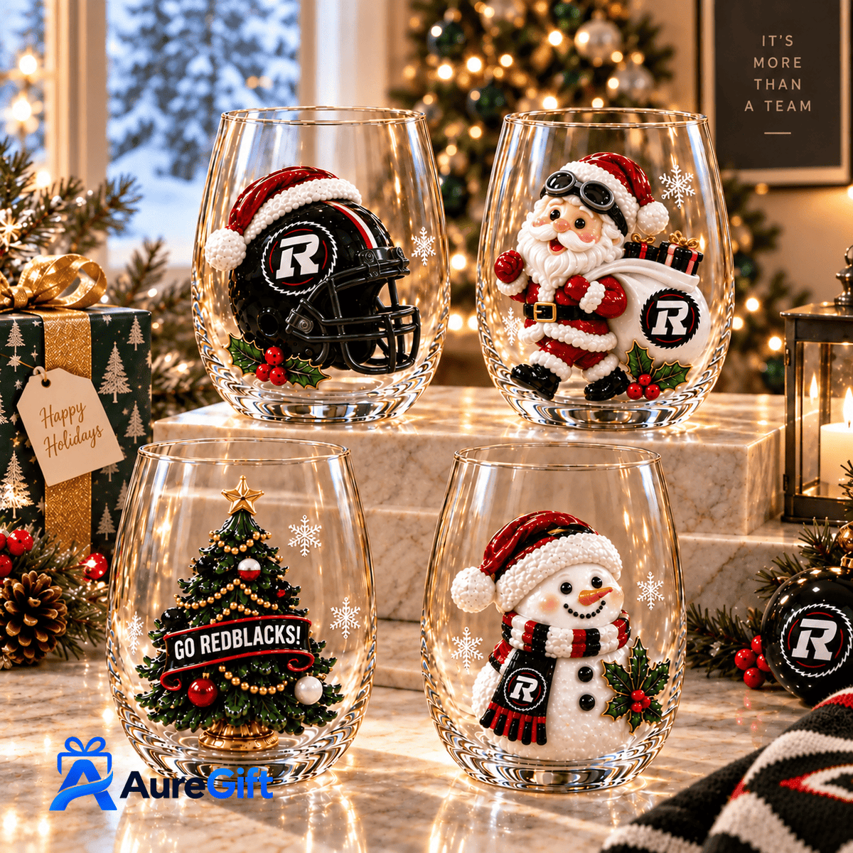 Ottawa REDBLACKS CFL Christmas Personalized Stemless Glass Set 4 – Premium Limited Edition Gift for Fans