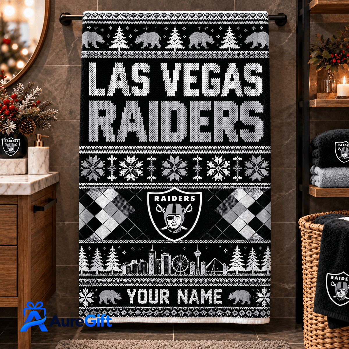 Las Vegas Raiders NFL Christmas Personalized Name Bath Towel Gift for Fans