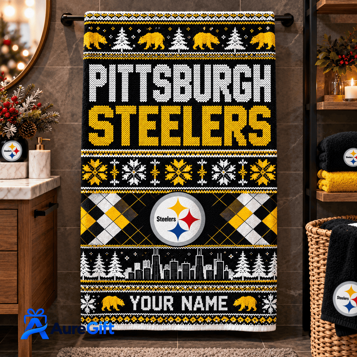 Pittsburgh Steelers NFL Christmas Personalized Name Bath Towel Gift for Fans