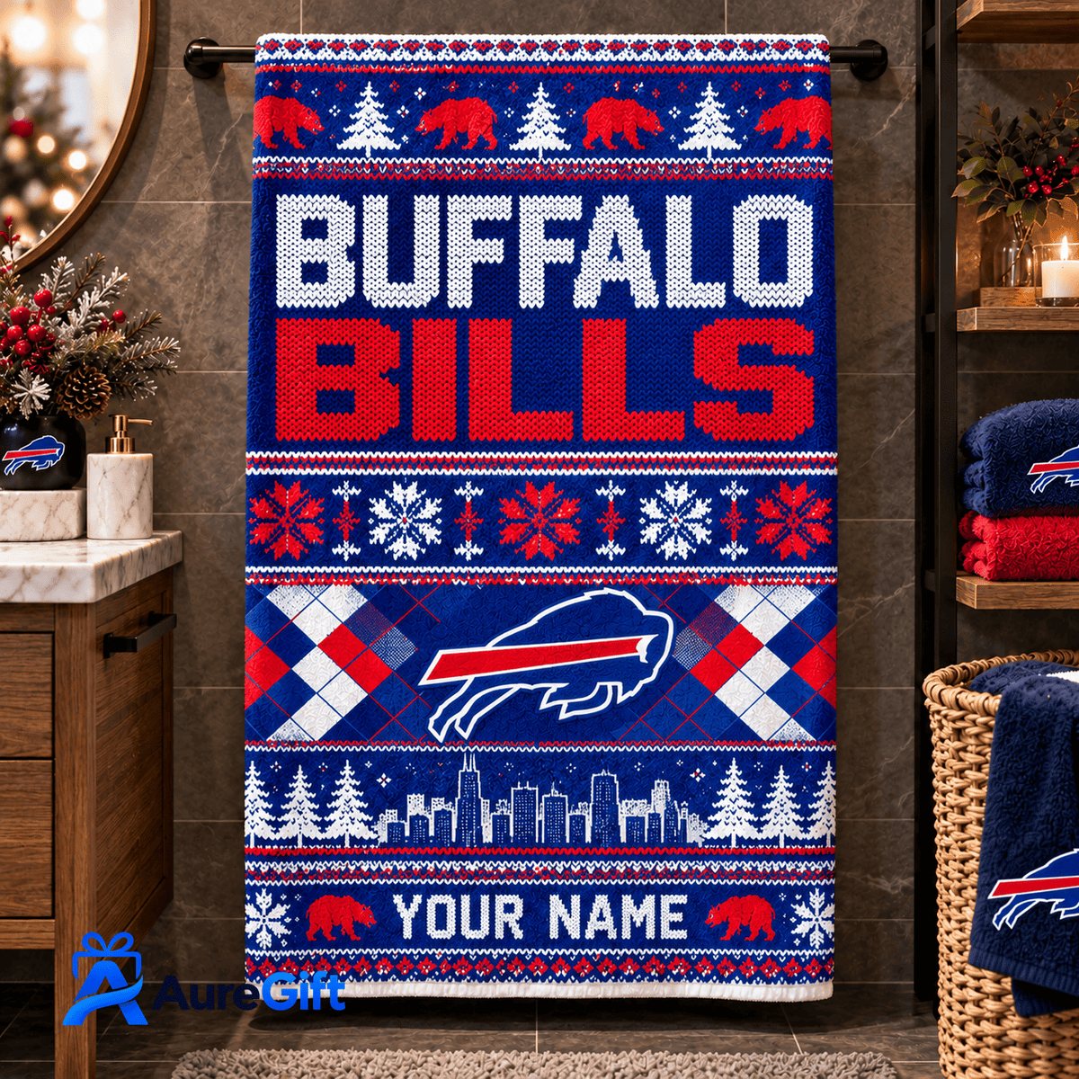 Buffalo Bills NFL Christmas Personalized Name Bath Towel Gift for Fans