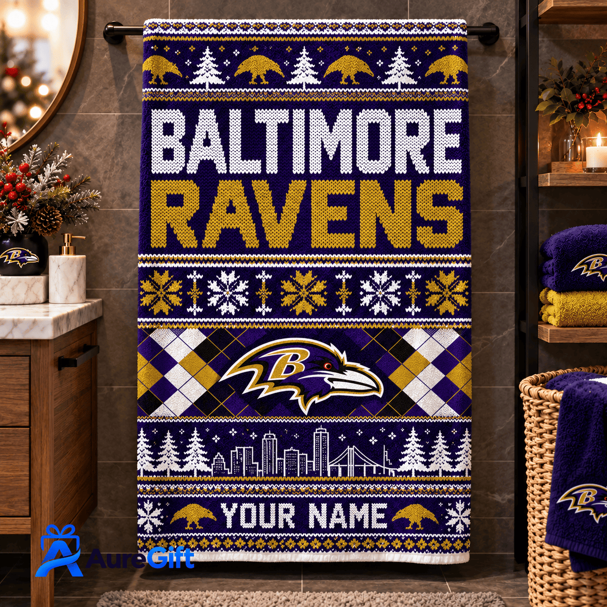 Baltimore Ravens NFL Christmas Personalized Name Bath Towel Gift for Fans