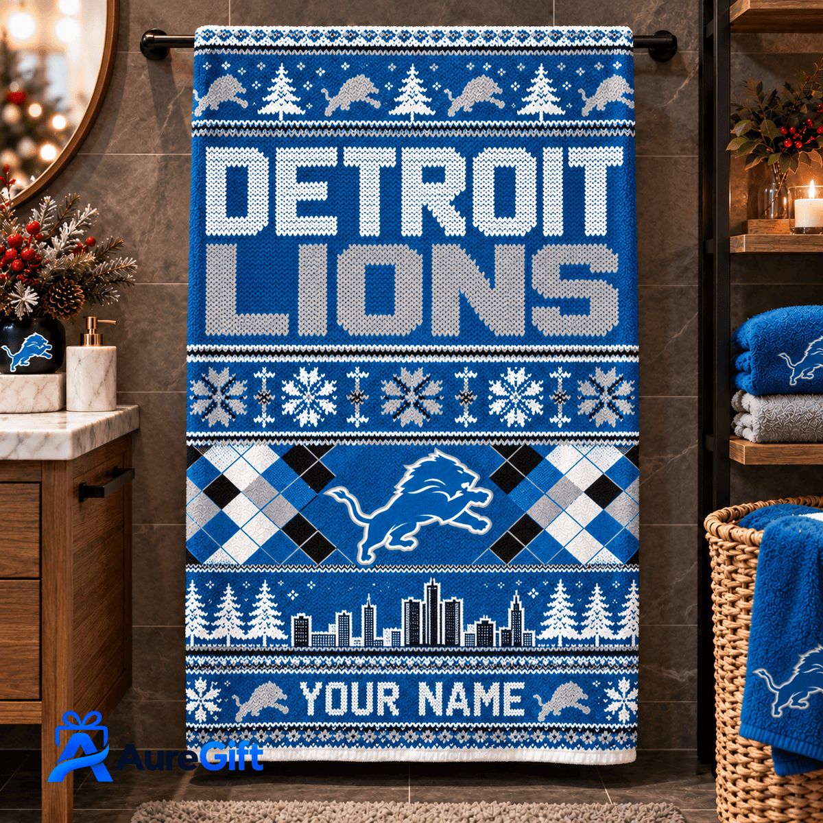 Detroit Lions NFL Christmas Personalized Name Bath Towel Gift for Fans