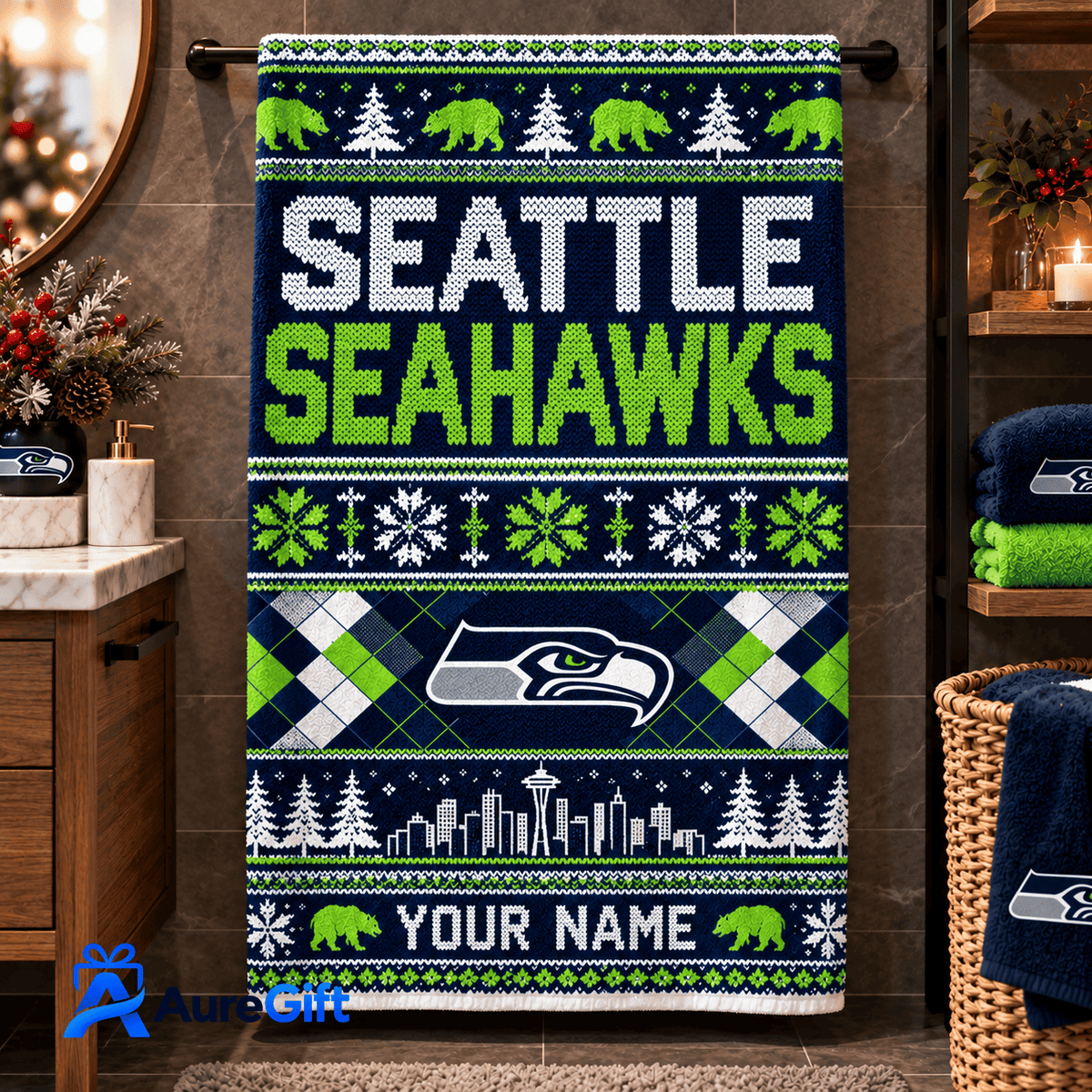 Seattle Seahawks NFL Christmas Personalized Name Bath Towel Gift for Fans