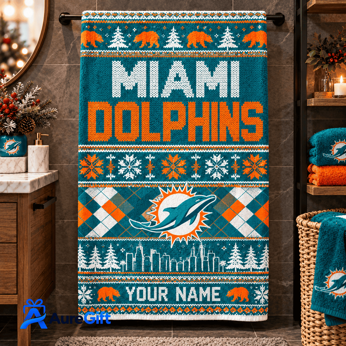 Miami Dolphins NFL Christmas Personalized Name Bath Towel Gift for Fans