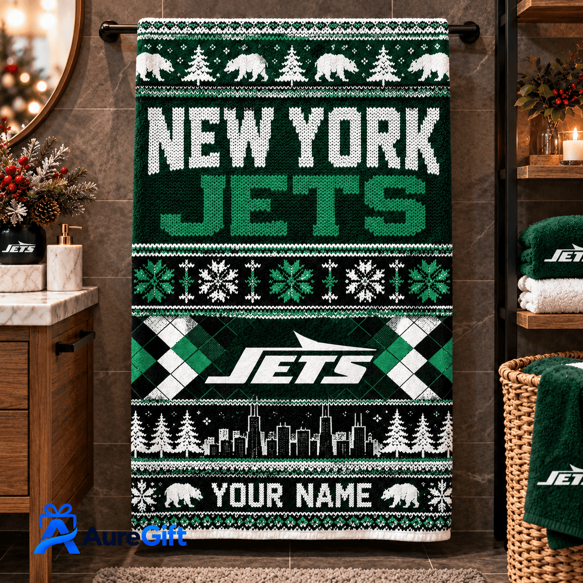 New York Jets NFL Christmas Personalized Name Bath Towel Gift for Fans
