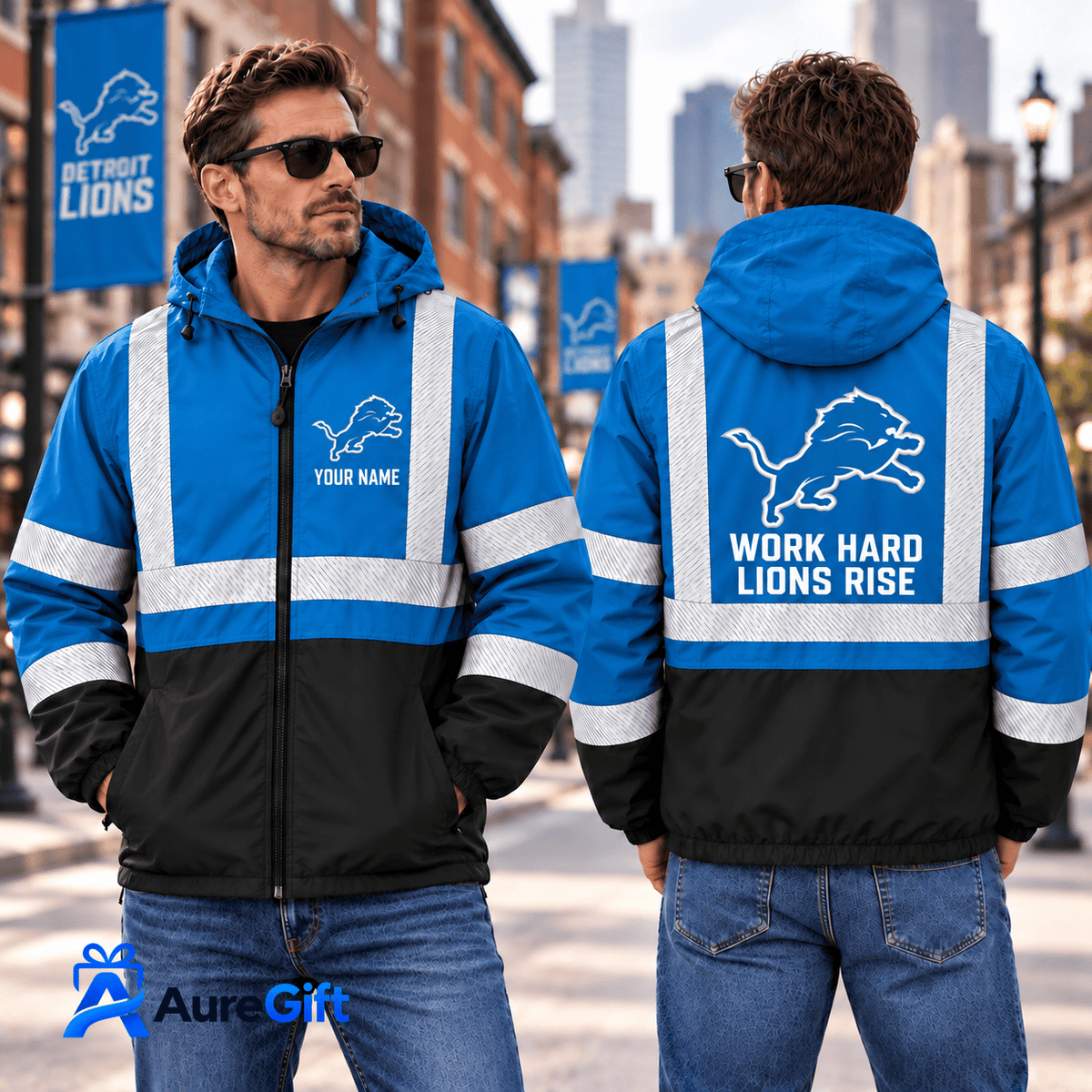 Detroit Lions NFL Work Personalized Name Winbreaker Jacket Gift for Fans