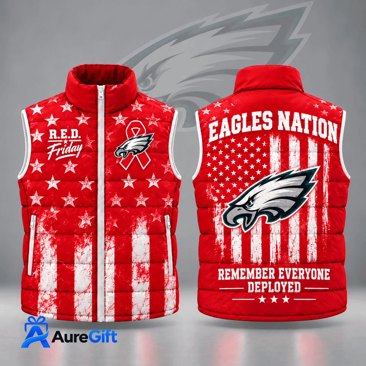 Philadelphia Eagles | Premium NFL R.E.D. Friday Stars and Stripes Patriotic Tribute All Over Print Zip Up Puffer Vest NDN