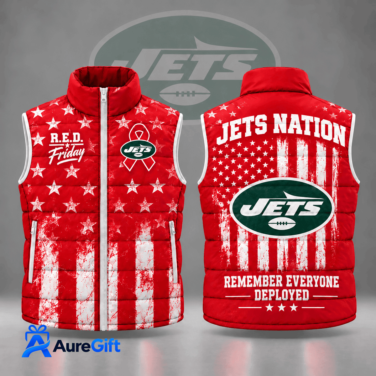 New York Jets | Premium NFL R.E.D. Friday Stars and Stripes Patriotic Tribute All Over Print Zip Up Puffer Vest NDN