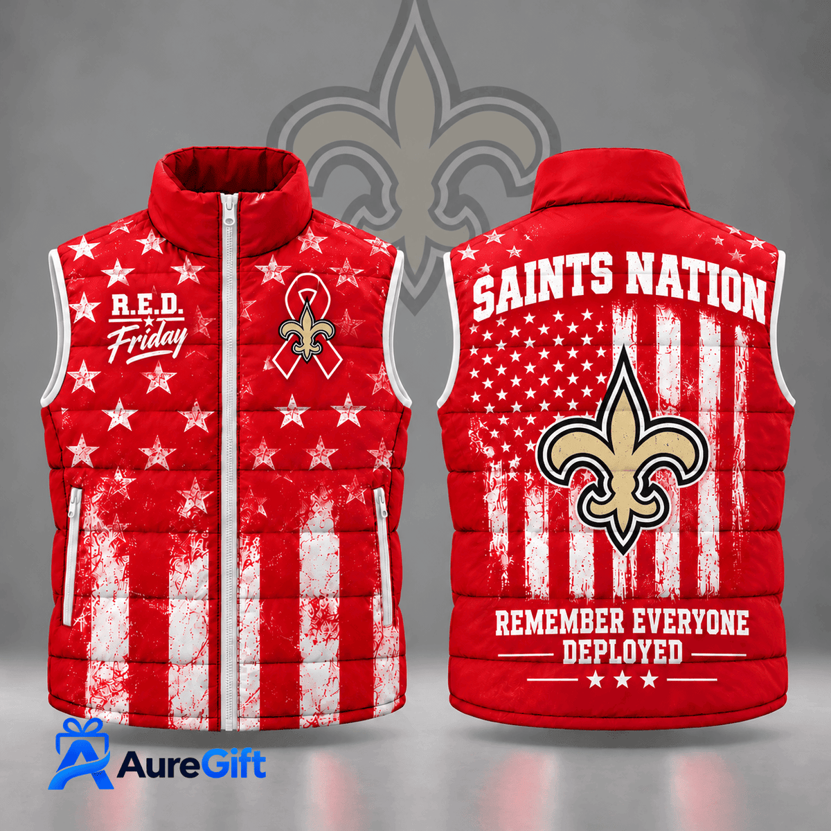 New Orleans Saints | Premium NFL R.E.D. Friday Stars and Stripes Patriotic Tribute All Over Print Zip Up Puffer Vest NDN
