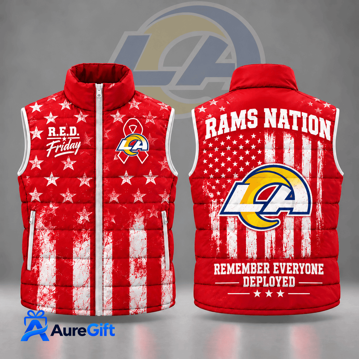 Los Angeles Rams | Premium NFL R.E.D. Friday Stars and Stripes Patriotic Tribute All Over Print Zip Up Puffer Vest NDN