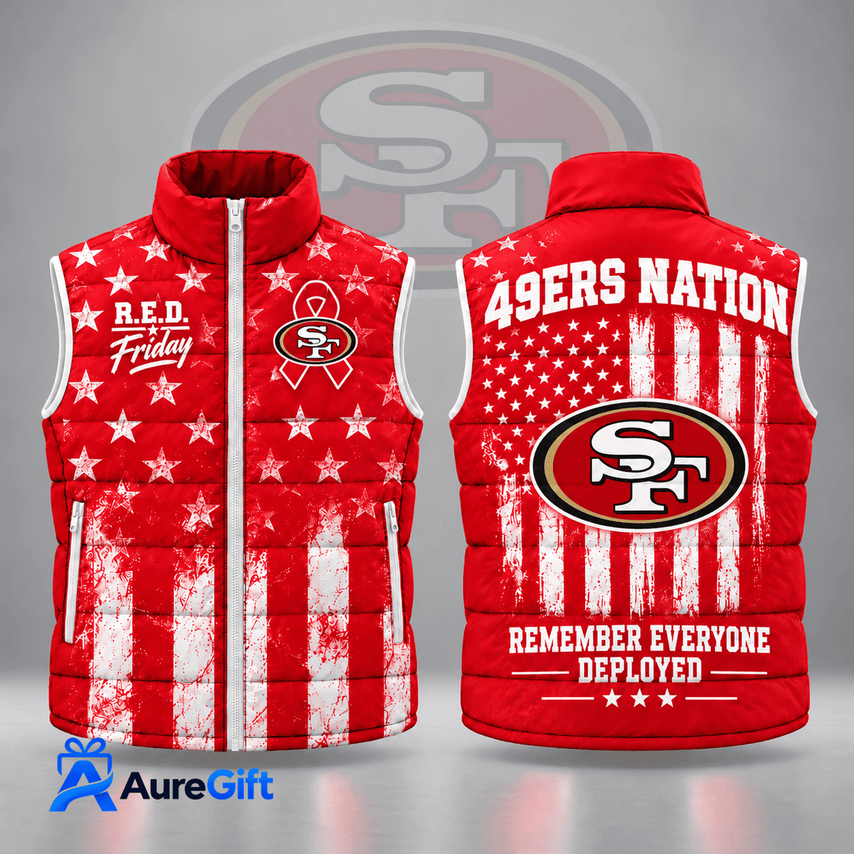 San Francisco 49ers | Premium NFL R.E.D. Friday Stars and Stripes Patriotic Tribute All Over Print Zip Up Puffer Vest NDN