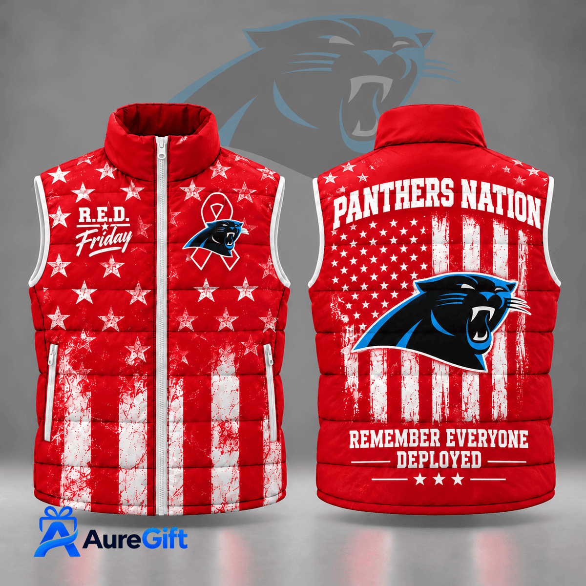 Carolina Panthers | Premium NFL R.E.D. Friday Stars and Stripes Patriotic Tribute All Over Print Zip Up Puffer Vest NDN