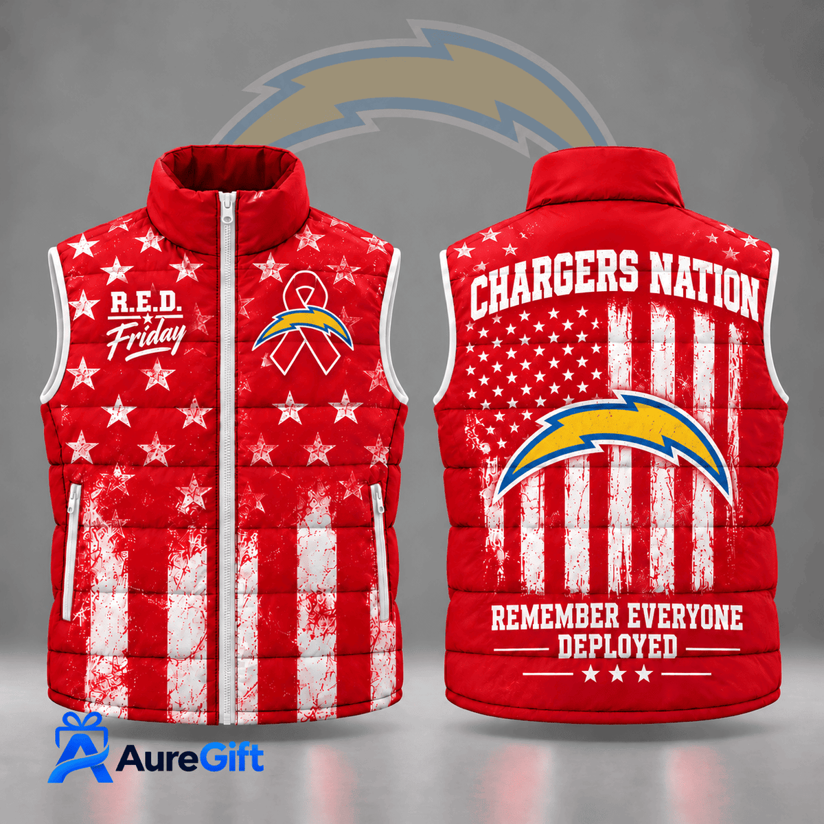 Los Angeles Chargers | Premium NFL R.E.D. Friday Stars and Stripes Patriotic Tribute All Over Print Zip Up Puffer Vest NDN