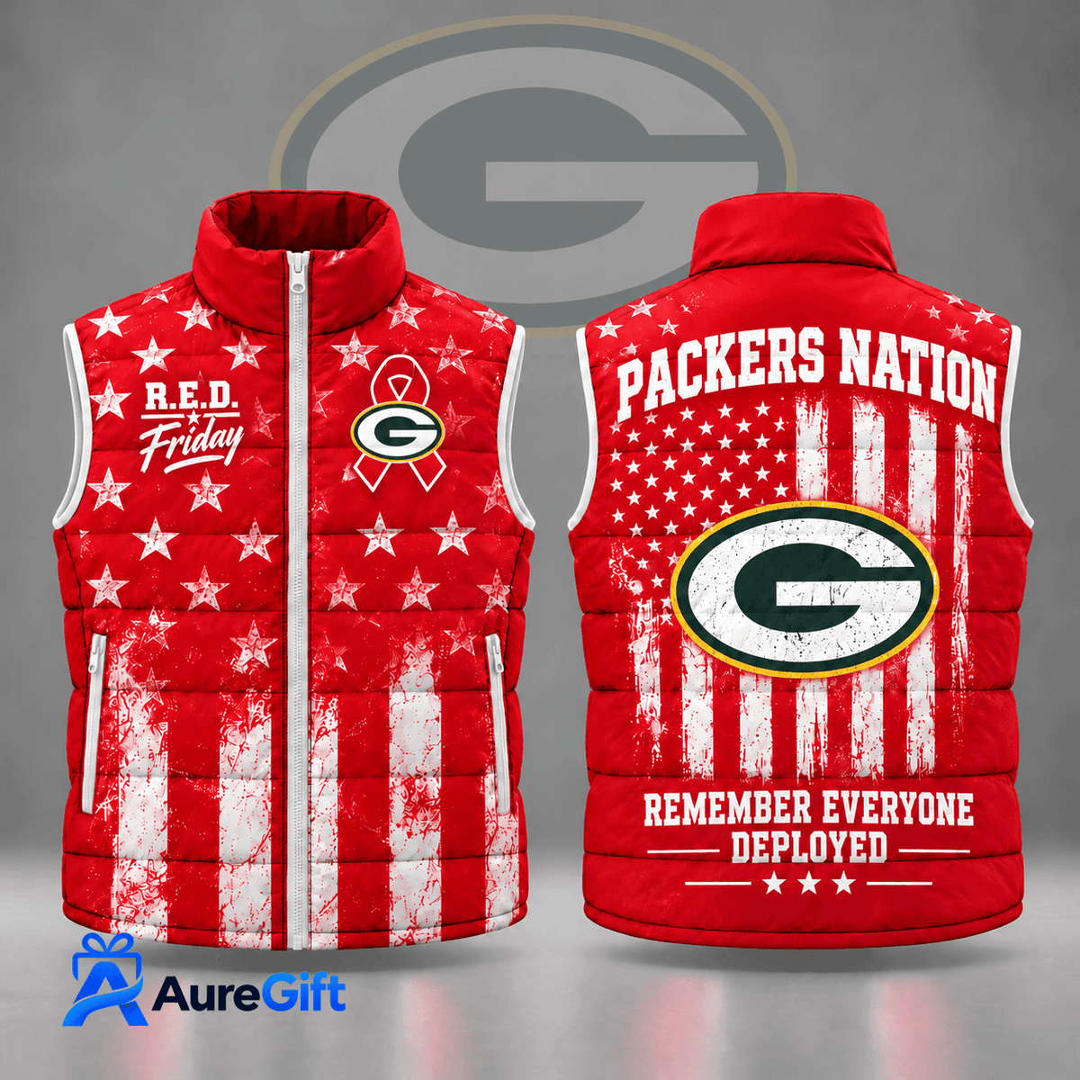 Green Bay Packers | Premium NFL R.E.D. Friday Stars and Stripes Patriotic Tribute All Over Print Zip Up Puffer Vest NDN